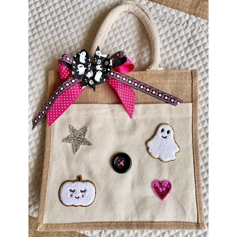 New Ghost Pumpkin Star Halloween Natural Jute Bag Tote Purse w/ Bow - Picture 3 of 10